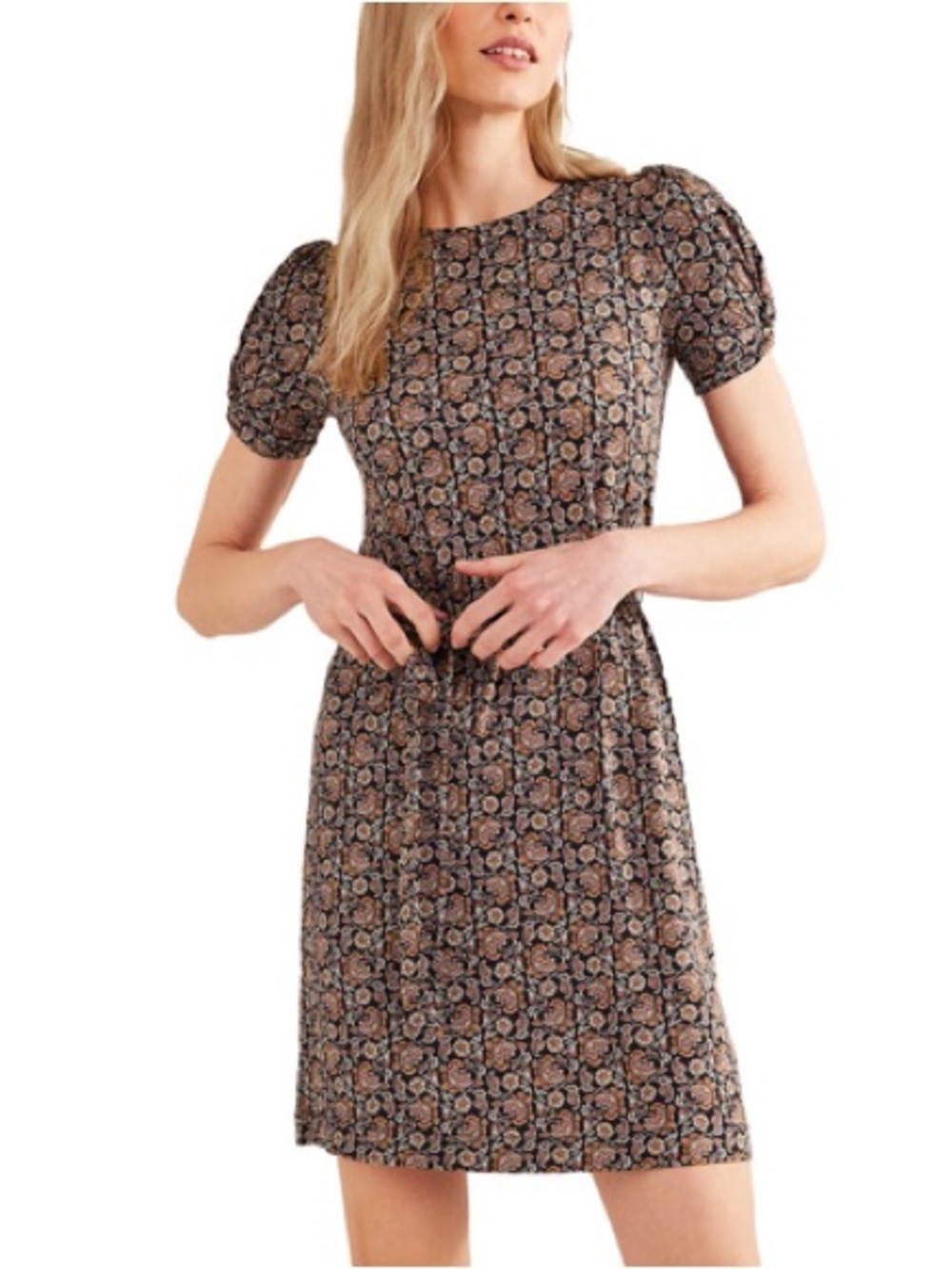 Boden Floral Puff-Sleeve Tie-Waist Midi Dress in Brown and Black size 10 Long